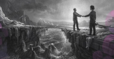 Deux personnes reliées par un pont étroit au-dessus d’un abîme en noir et blanc, avec touches rose et violet illustrant Ame corps