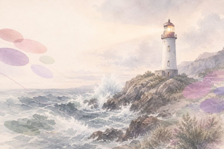 Phare solide dans une mer déchaînée en noir et blanc, avec touches rose et violet en arrière-plan.