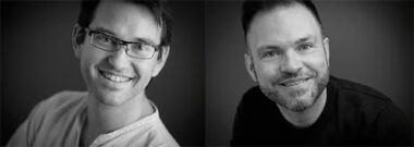 Deux intervenants en noir et blanc, en interaction chaleureuse, avec des accents rose et violet inspirés du style Mimethys.