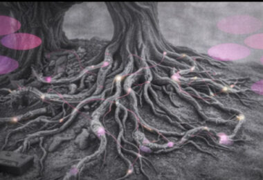 Arbre en noir et blanc dont les racines ressemblent à des circuits, traversés de points lumineux rose et violet.