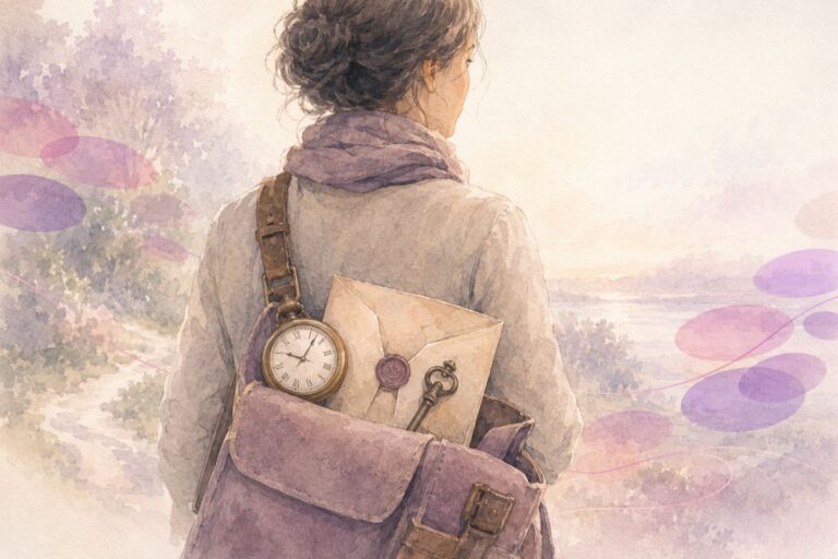 Thérapeute de dos portant un sac rempli d’objets anciens en noir et blanc, avec des touches rose et violet.