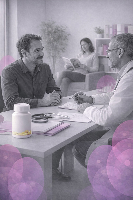 Consultation médicale apaisée illustrant un ajustement thérapeutique visant à alléger la contrainte dans la relation intime