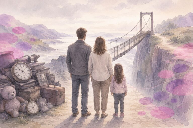 Un couple et une enfant face à un pont suspendu, quittant un espace encombré de vieux objets, en noir et blanc avec touches rose et violet.