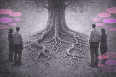 Arbre majestueux en noir et blanc aux racines profondes et symboliques, observé par trois personnes, avec des accents rose et violet Mimethys.