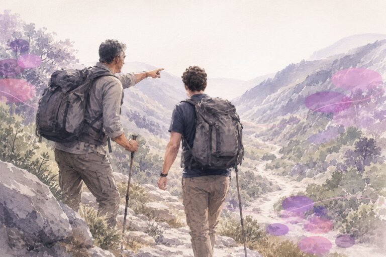 Un guide et un randonneur marchant sur un sentier rocheux en noir et blanc, le guide montrant le chemin, avec des touches rose et violet.