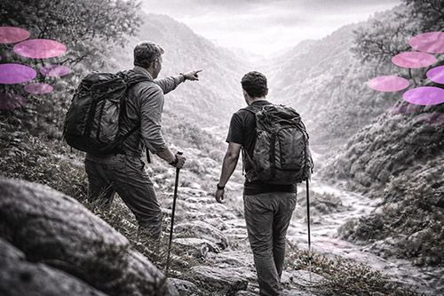 Un guide et un randonneur marchant sur un sentier rocheux en noir et blanc, le guide montrant le chemin, avec des touches rose et violet.
