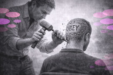 Le praticien tente de graver une pensée dans l’esprit du patient avec un burin, illustrant la suggestion unilatérale, en noir et blanc avec accents rose et violet Mimethys. L'hypnose processus relationnel