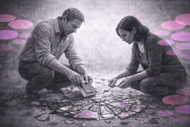 Vitrail brisé en noir et blanc, fragments épars symbolisant l’expérience traumatique, avec touches rose-violet façon Mimethys.