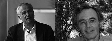 Deux intervenants en noir et blanc, engagés dans une discussion professionnelle, avec accents rose et violet Mimethys en arrière-plan