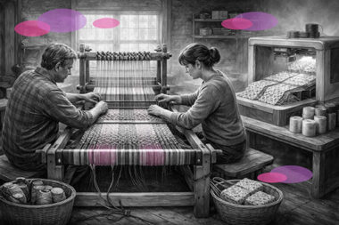 Deux personnes tissant ensemble sur un métier manuel tandis qu’une imprimante 3D produit des motifs standardisés, en noir et blanc avec accents rose et violet Mimethys.