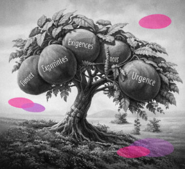 Arbre aux branches courbées sous le poids de fruits marqués exigences, contraintes et urgence, symbolisant le burn-out, en noir et blanc avec accents rose et violet Mimethys.