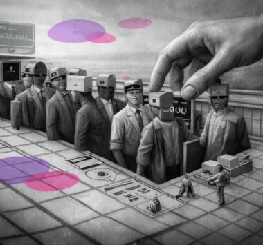 Travailleurs alignés dont les visages deviennent des codes-barres, placés sur un tableur manipulé par une main géante, en noir et blanc avec accents rose et violet Mimethys.