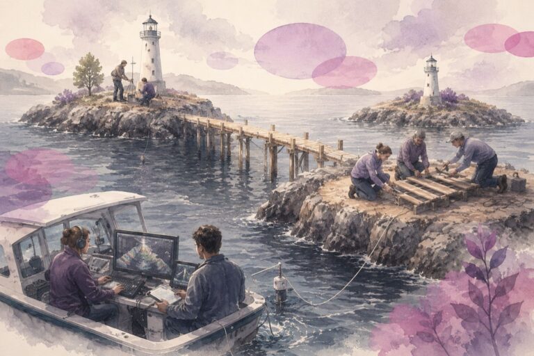Vue aérienne d’îles autrefois reliées, avec des chercheurs cartographiant les fonds marins et des cliniciens installant des phares et des ponts pour restaurer le lien, en noir et blanc avec touches de rose et violet Mimethys.