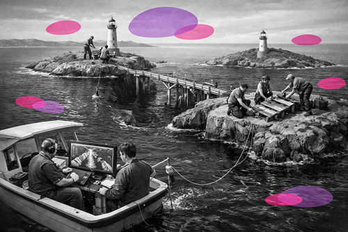 Vue aérienne d’îles autrefois reliées, avec des chercheurs cartographiant les fonds marins et des cliniciens installant des phares et des ponts pour restaurer le lien, en noir et blanc avec touches de rose et violet Mimethys.