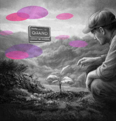 Jardinier observant une jeune pousse tandis qu’un écran affiche un compte à rebours, symbolisant le respect du temps nécessaire, en noir et blanc avec accents rose et violet Mimethys illustrant l'épuisement professionnel