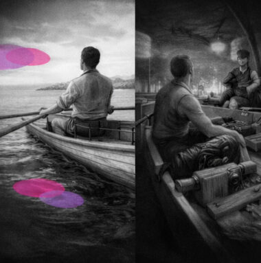 Image divisée entre un rameur libre regardant l’horizon et un galérien enchaîné rythmé par un tambour, symbolisant stress choisi et stress subi, en noir et blanc avec touches rose et violet Mimethys.