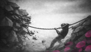 Personne tirant une corde attachée à une structure qui s’effondre, illustrant l’effort inutile pour maintenir un système à bout de souffle