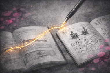 Stylo trace un pont d’encre dorée reliant un livre de recherche à un carnet clinique