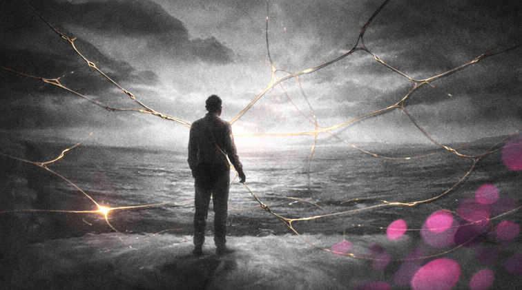 Silhouette face à un horizon fragmenté relié par des fils lumineux, symbolisant la dissociation traumatique et la reconstruction