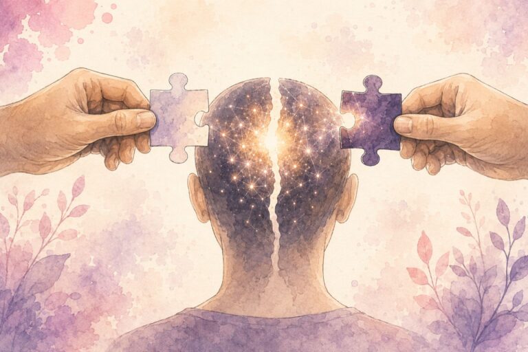 Illustration en noir et blanc représentant une tête fendue au centre avec des connexions neuronales lumineuses, encadrée par deux mains tenant des pièces de puzzle, symbolisant la dissociation traumatique.