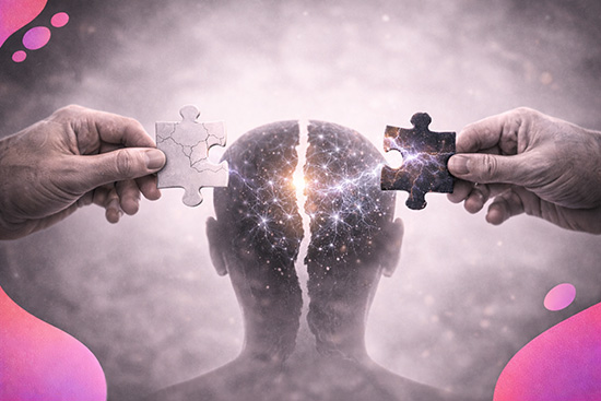 Illustration en noir et blanc représentant une tête fendue au centre avec des connexions neuronales lumineuses, encadrée par deux mains tenant des pièces de puzzle, symbolisant la dissociation traumatique.