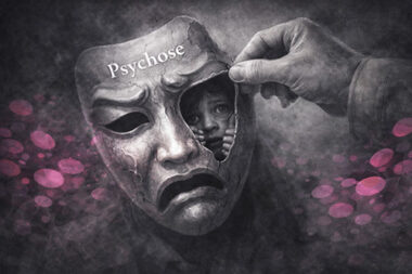 Clinicien retirant un masque tragique étiqueté psychose, révélant un enfant terrorisé derrière