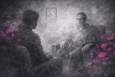 Patient et thérapeute enveloppés de brouillard, avec une horloge fondante symbolisant la distorsion temporelle