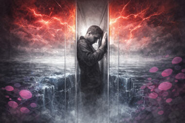 Personne coincée dans un couloir de verre entre un orage rouge et un vide glacé, symbolisant hyper- et hypo-activation