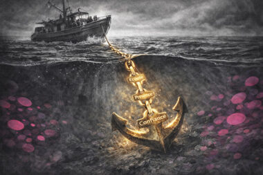 Navire amarré par une ancre lumineuse dont la chaîne porte les mots écoute, présence et confiance