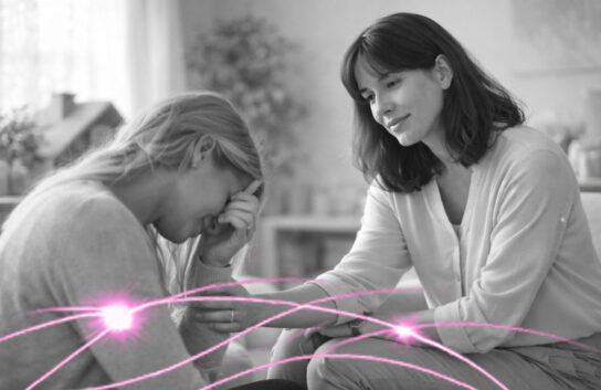 Scène en noir et blanc montrant deux femmes en séance de thérapie, exprimant la différence entre trauma contextuel et trauma complexe