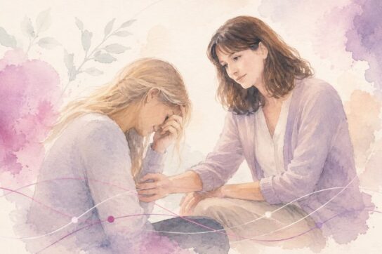 Scène en montrant deux femmes en séance de thérapie, exprimant la différence entre trauma contextuel et trauma complexe