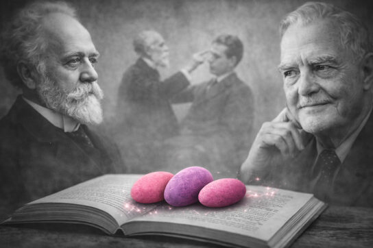 Portraits de Bernheim et Erickson en noir et blanc, avec des galets roses et violets Mimethys posés sur un livre ouvert
