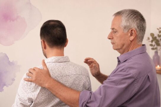 Thérapeute posant une main en guidance sur l’avant-bras d’un patient, illustrant le lien intention–action dans la relation de soin