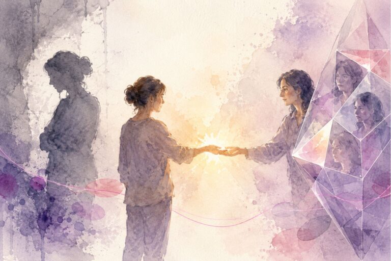 Personnages éclairés par différentes sources de lumière représentant la morale, l’identité victimaire et l’éthique du lien