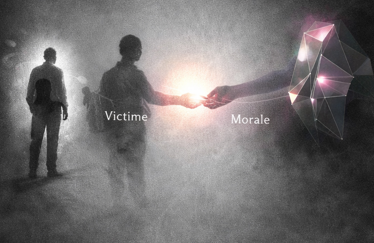 Personnages éclairés par différentes sources de lumière représentant la morale, l’identité victimaire et l’éthique du lien