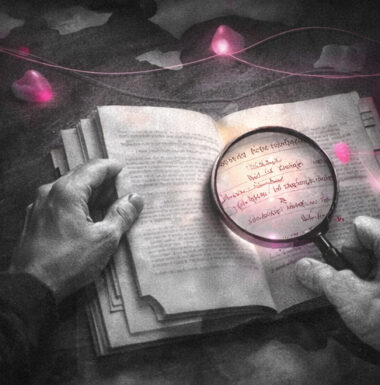 Livre abîmé restauré par des mains d’artisans, avec une loupe révélant un passage difficile pour en reconstruire le sens