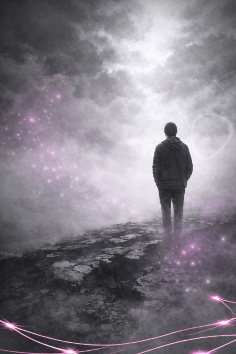Personne debout face à un horizon brumeux, dans un paysage en noir et blanc, avec de légères touches de rose et violet symbolisant les mondes traumatiques.