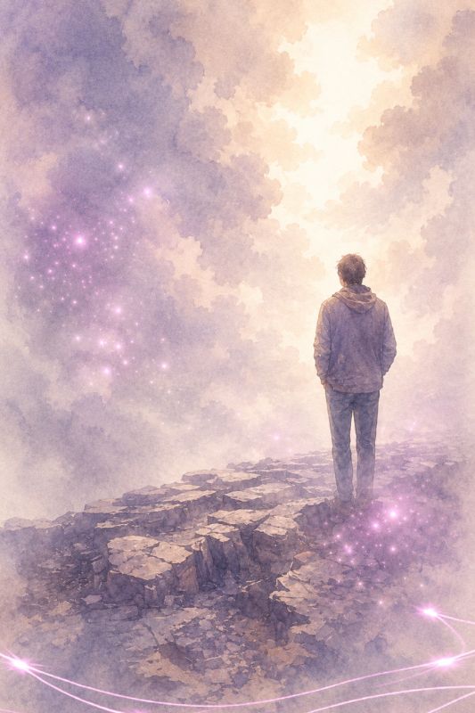 Personne debout face à un horizon brumeux, dans un paysage en noir et blanc, avec de légères touches de rose et violet symbolisant les mondes traumatiques.