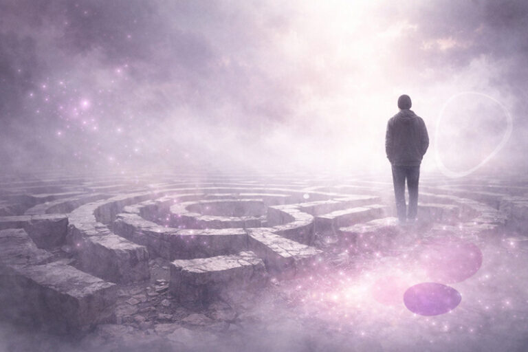 Homme debout face à un labyrinthe de pierre dans la brume, avec des touches lumineuses rose et violet et des formes ovoïdes diffuses inspirées de Mimethys.