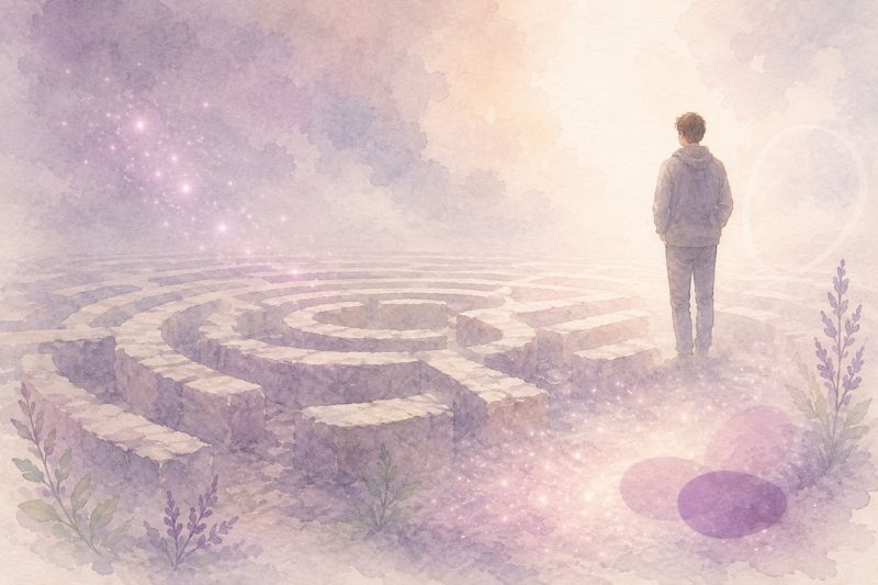 Homme debout face à un labyrinthe de pierre dans la brume, avec des touches lumineuses rose et violet et des formes ovoïdes diffuses inspirées de Mimethys.