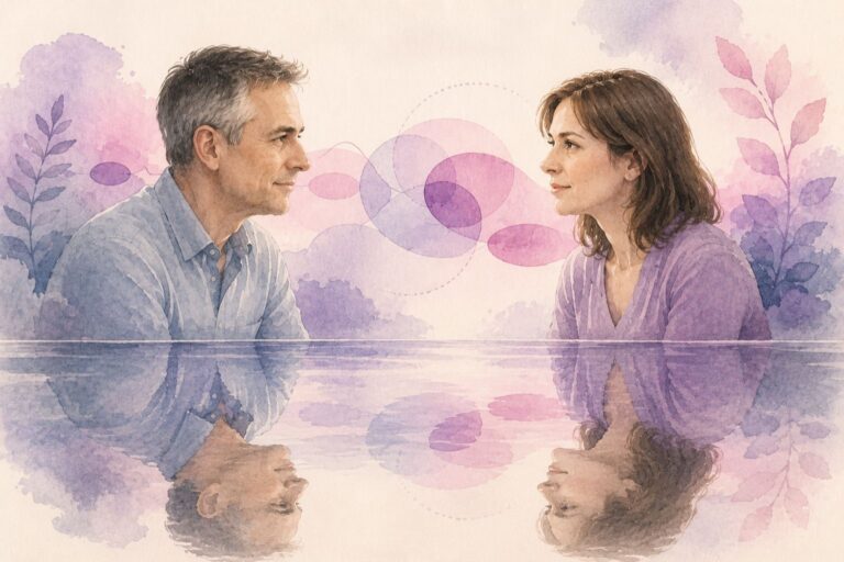 Visages d’un thérapeute et d’un patient dont les reflets se rejoignent dans une eau calme, en noir et blanc avec touches rose et violet, symbolisant l’état hypnotique et la relation thérapeutique.