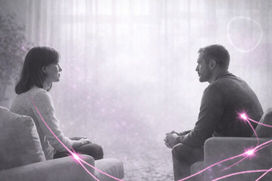 Thérapeute et patient assis face à face dans un espace lumineux, avec des touches subtiles de rose et violet symbolisant le lien thérapeutique