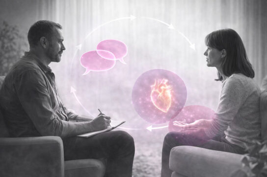 Séance de thérapie en noir et blanc avec des accents rose et violet symbolisant le lien relationnel