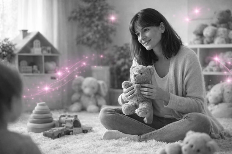 Thérapeute en séance avec un enfant dans un cabinet rempli de jouets, en noir et blanc avec de légères touches rose Mimethys.
