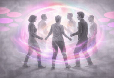 Groupe de personnes debout en cercle, en mouvement libre et harmonieux, illustrant une approche expérientielle et corporelle, noir et blanc avec accents rose/violet.