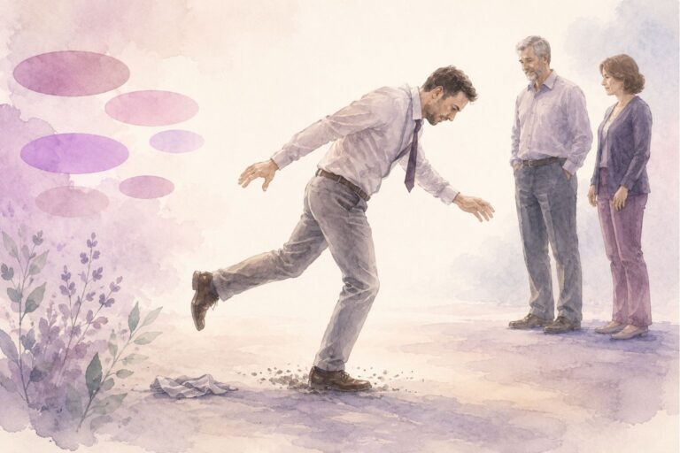 Personne trébuchant en avançant, illustrant l’erreur comme expérience d’apprentissage, photo en noir et blanc avec touches rose et violet Mimethys.