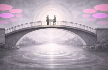 Deux silhouettes discutant au centre d’un pont reliant deux rives, illustrant la rencontre entre perspectives complémentaires, noir et blanc avec touches rose/violet.