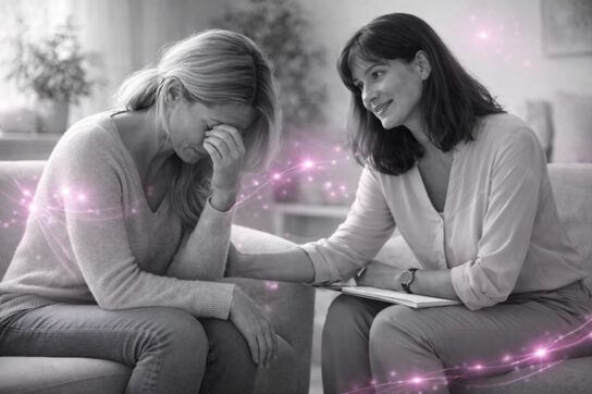 Séance de thérapie en noir et blanc entre une maman en détresse et une thérapeute bienveillante, avec de légères touches de rose symbolisant le lien relationnel.