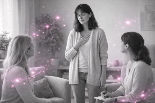 Séance de thérapie avec trois femmes, dont l’une debout en posture de témoin intérieur, dans une pièce en noir et blanc avec des touches de rose et violet Mimethys.