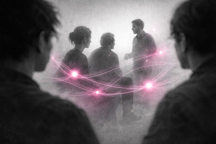 Silhouettes reliées par des lignes lumineuses roses illustrant l’interdépendance dans une vision écosystémique du soin